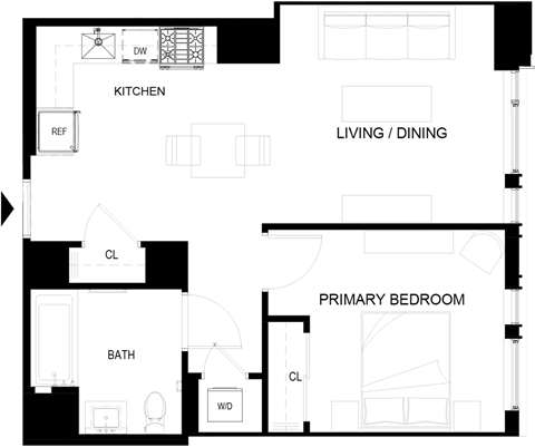 Floor plan for 1 bed, 1 bath, 593 sqft